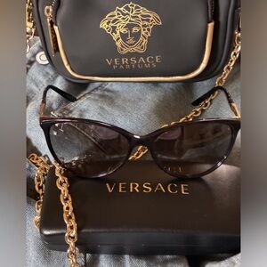 Versace Black Sunglasses Classic Cat Eye Design Gold Logo